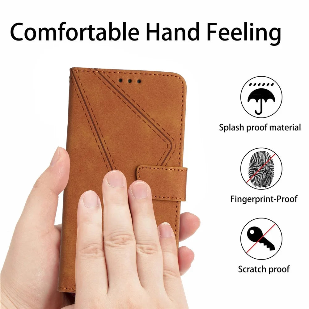 HT05 Leather Cover for iPhone 15 Skin-touch Flip Stand Wallet Imprinted Line Phone Case - Brown - 5