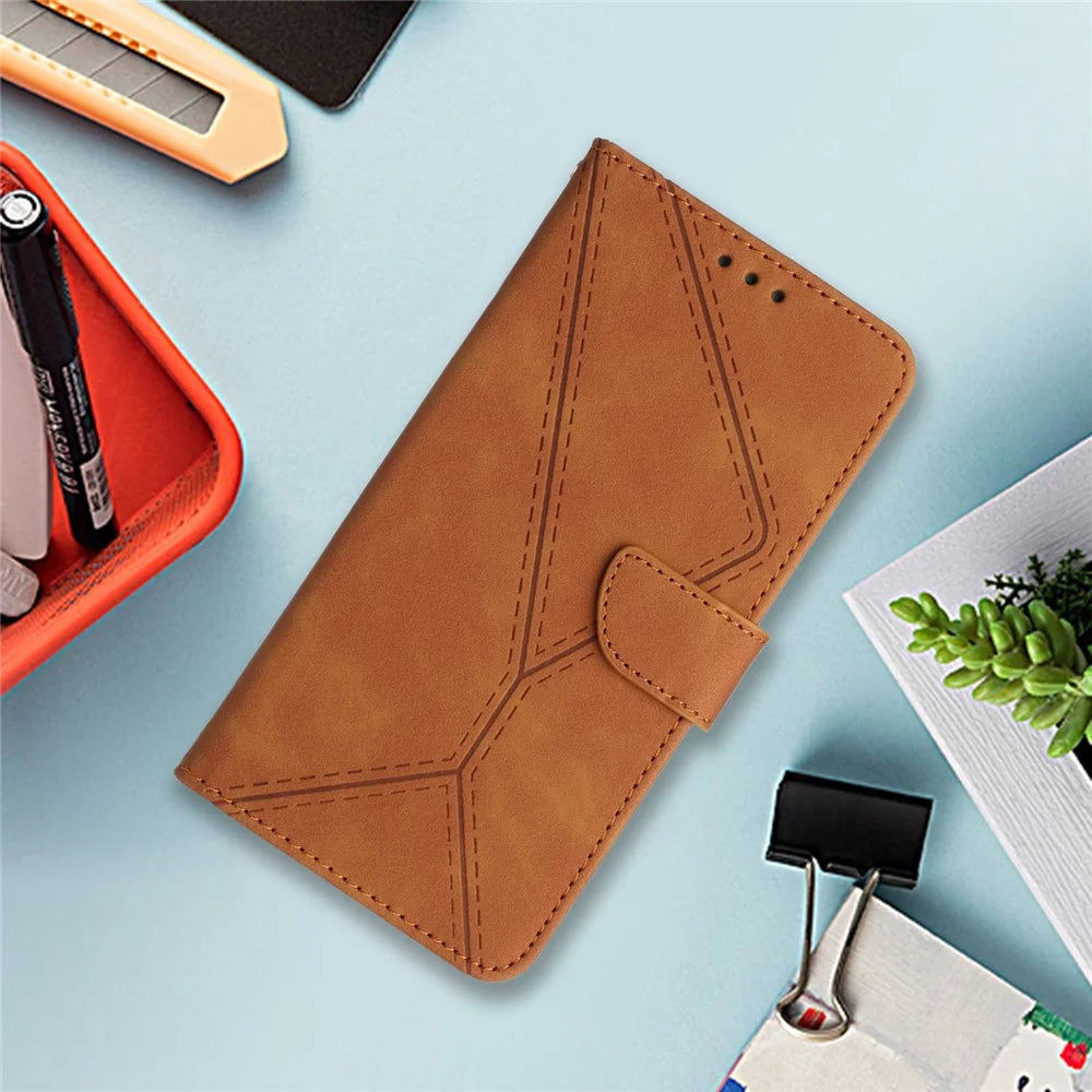 HT05 Leather Cover for iPhone 15 Skin-touch Flip Stand Wallet Imprinted Line Phone Case - Brown - 7