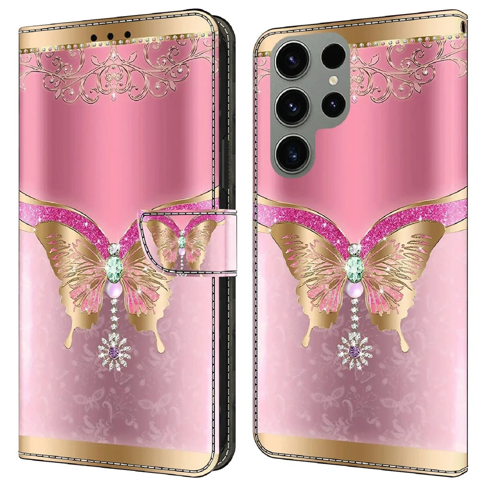 For Samsung Galaxy S23 Ultra 3D Pattern Phone Case PU Leather Wallet Stand Cover - Pink / Gold Butterfly - 1