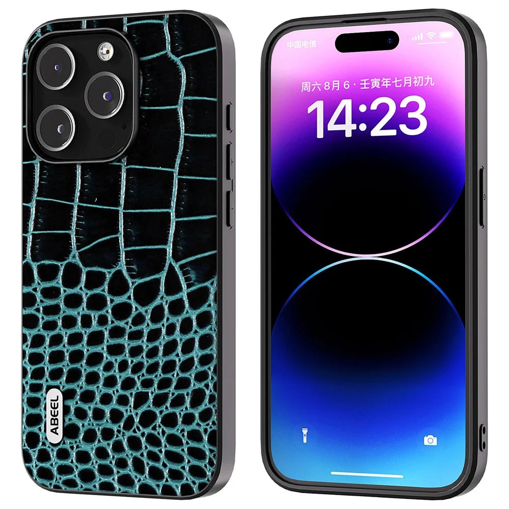 ABEEL For 	iPhone 15 Pro Crocodile Texture Phone Case Genuine Cow Leather+PC+TPU Hybrid Cover - Blue - 1
