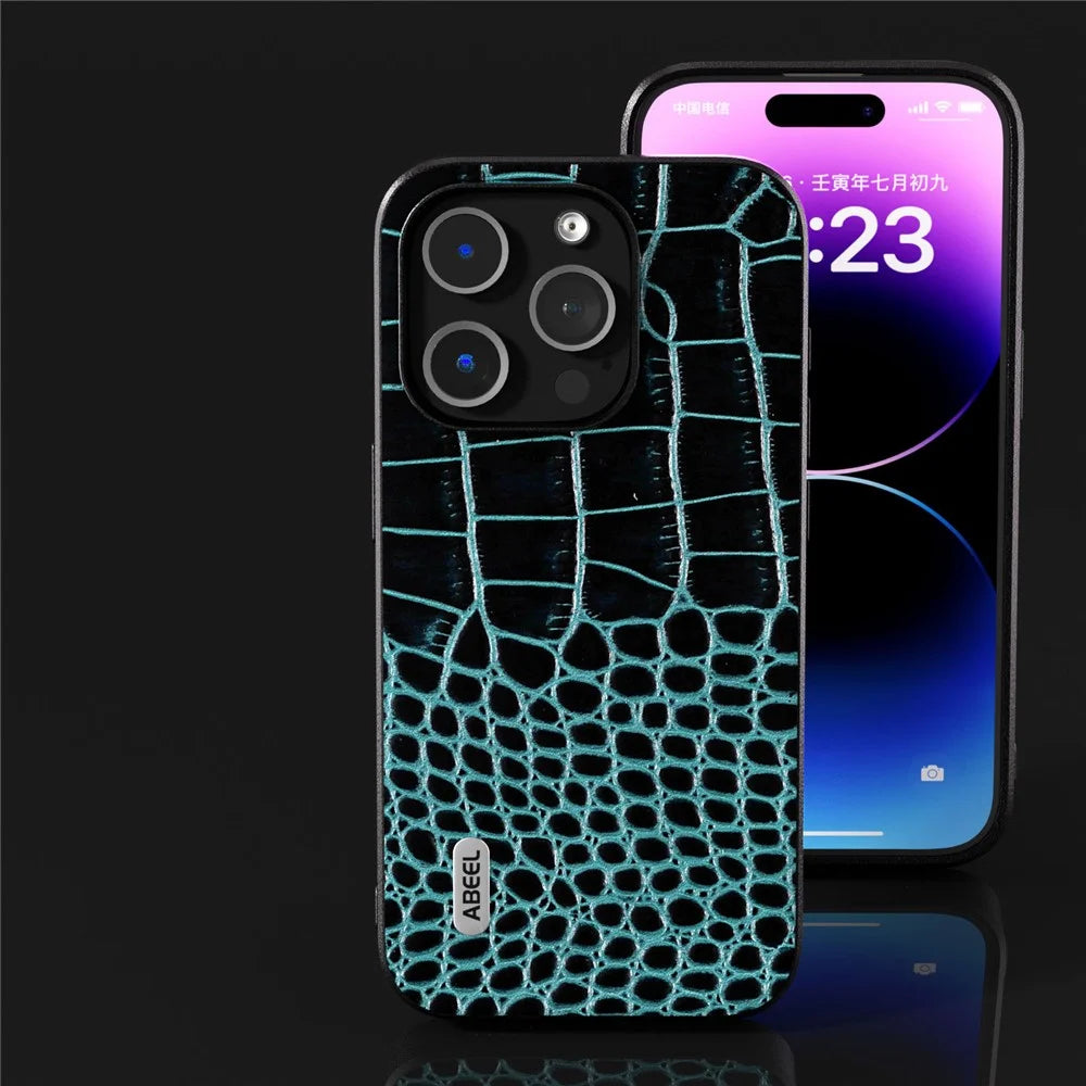 ABEEL For 	iPhone 15 Pro Crocodile Texture Phone Case Genuine Cow Leather+PC+TPU Hybrid Cover - Blue - 2