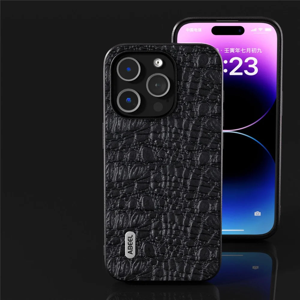 ABEEL For iPhone 15 Pro Impact-Resistant Phone Case Genuine Cow Leather+PC+TPU Textured Cover - Black - 2