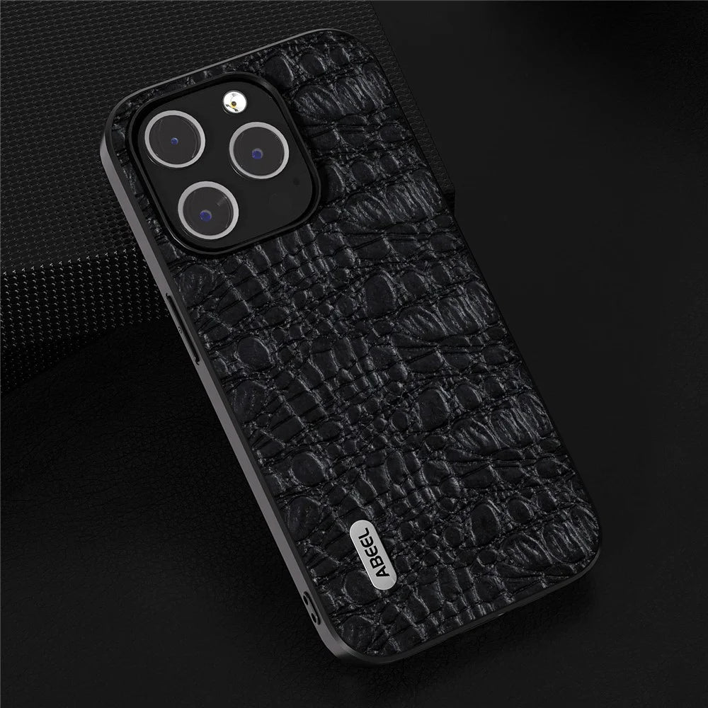 ABEEL For iPhone 15 Pro Impact-Resistant Phone Case Genuine Cow Leather+PC+TPU Textured Cover - Black - 3