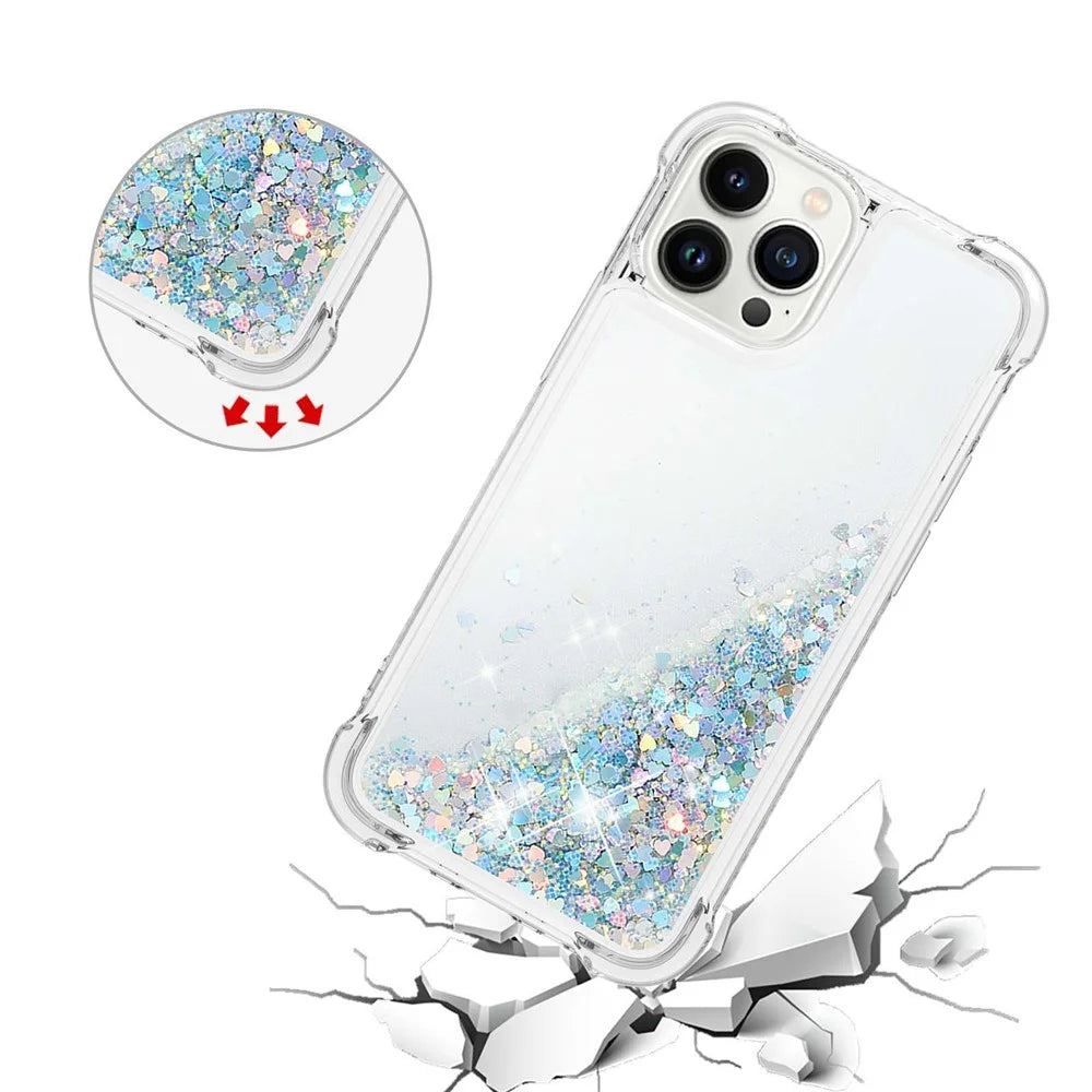 For iPhone 15 Pro TPU Case Glitter Quicksand Shockproof Phone Back Cover - Silver / Hearts - 4