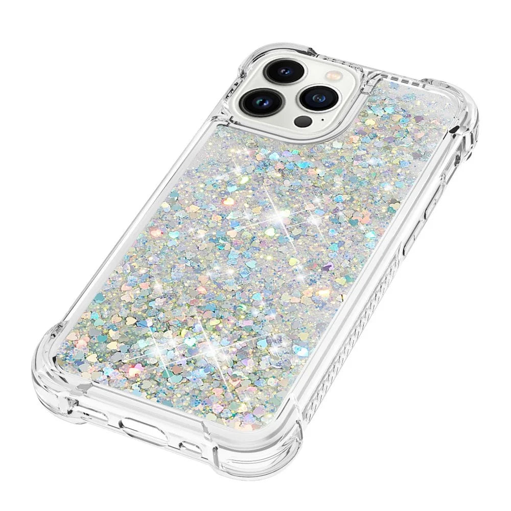 For iPhone 15 Pro TPU Case Glitter Quicksand Shockproof Phone Back Cover - Silver / Hearts - 5
