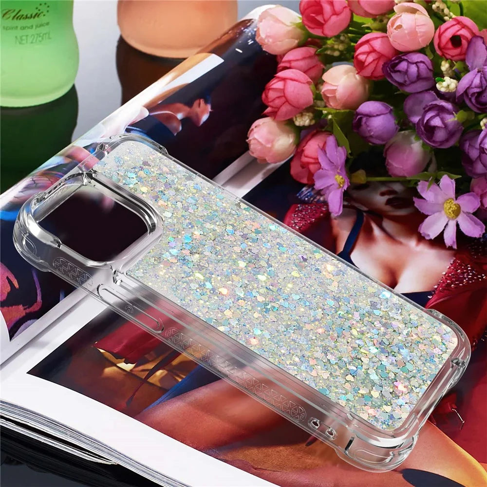 For iPhone 15 Pro TPU Case Glitter Quicksand Shockproof Phone Back Cover - Silver / Hearts - 6