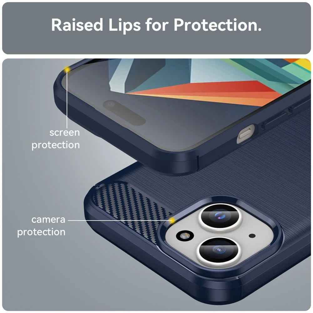 Carbon Fiber Texture Brushed TPU Case for iPhone 15 Plus , Scratch-resistant Phone Cover - Blue - 6