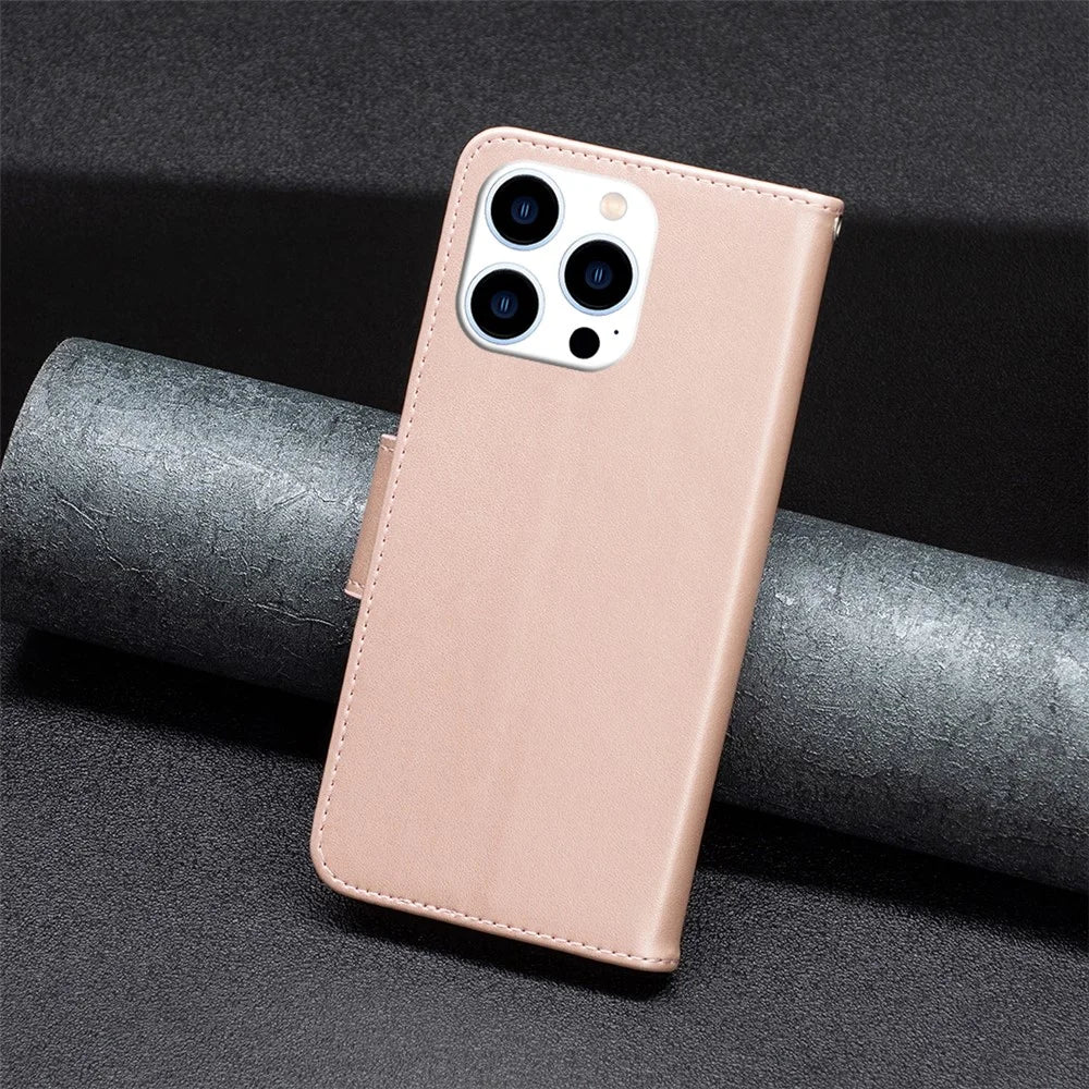 For iPhone 15 Pro Shockproof Phone Flip Case Butterfly Imprinted Leather Stand Wallet Cover with Strap - Rose Gold - 5