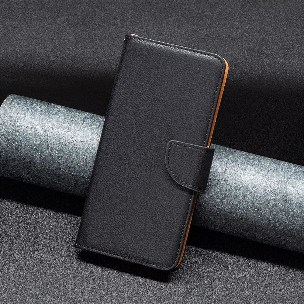 For iPhone 15 Wallet Case with Wrist Strap Litchi Texture Leather Phone Stand Cover - Black - 4