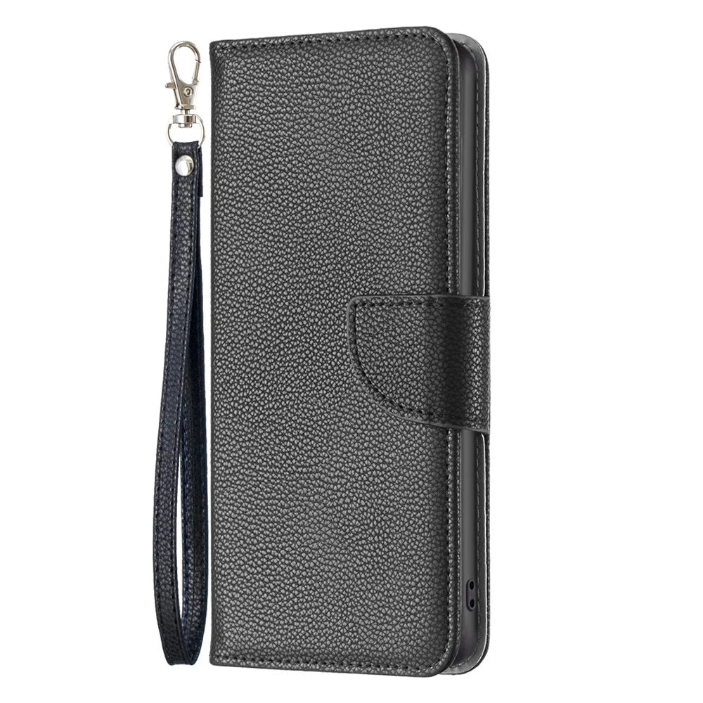 For iPhone 15 Wallet Case with Wrist Strap Litchi Texture Leather Phone Stand Cover - Black - 6