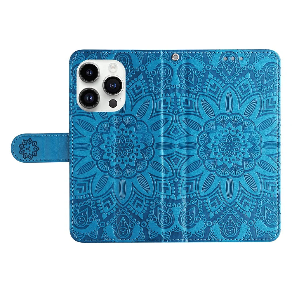 For iPhone 15 Pro Wallet Phone Case Shockproof Sunflower Imprinted Stand PU Leather Cover - Blue - 6