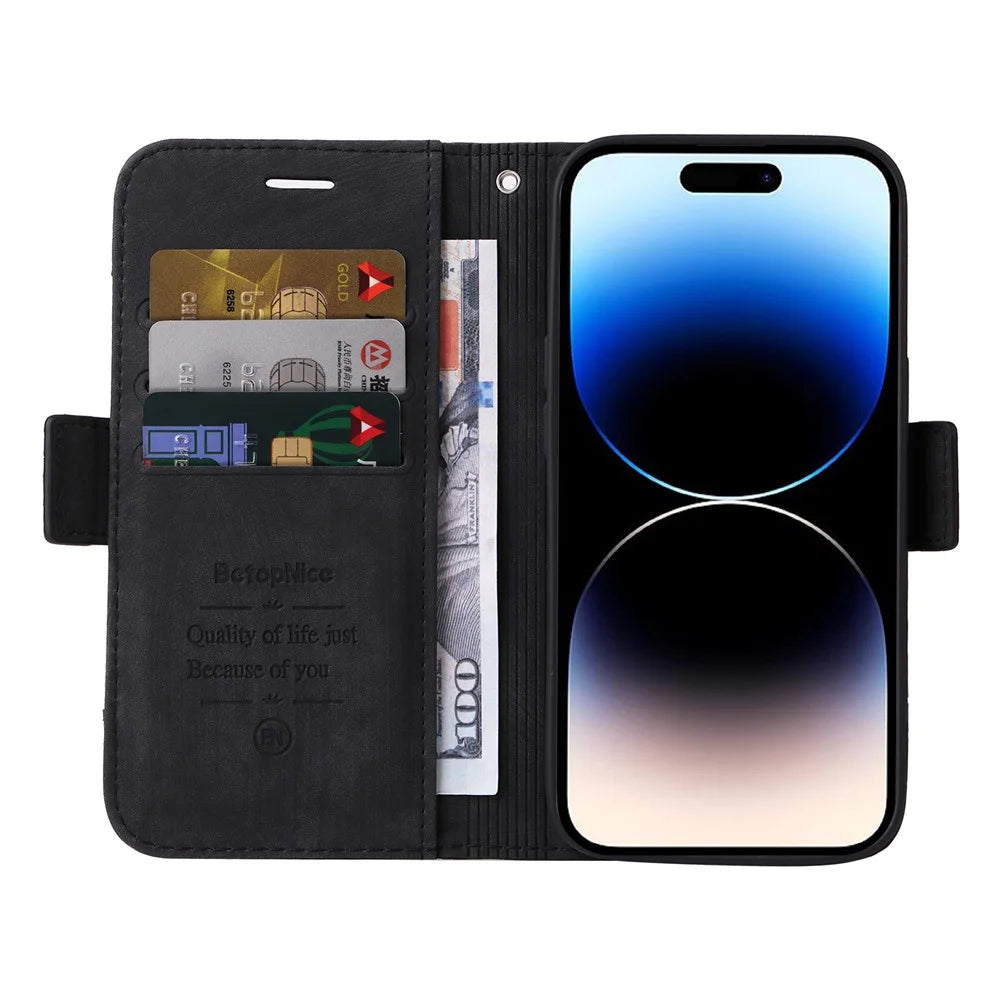 BETOPNICE 001 For iPhone 15 Pro Multifunction Wallet Cell Phone Case Shockproof PU Leather Stand Cover - Black - 2