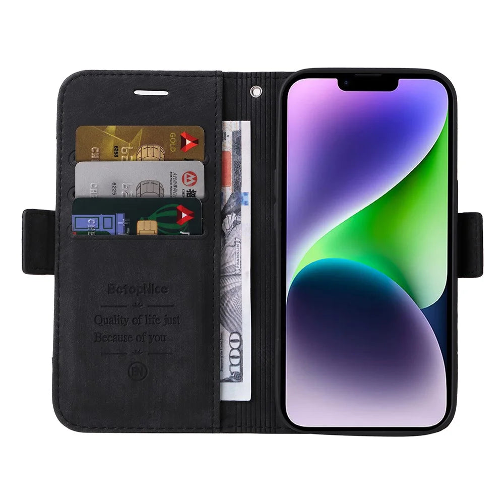 BETOPNICE 001 For iPhone 15 Plus Shockproof PU Leather Stand Cover Multifunction Wallet Cell Phone Case - Black - 2