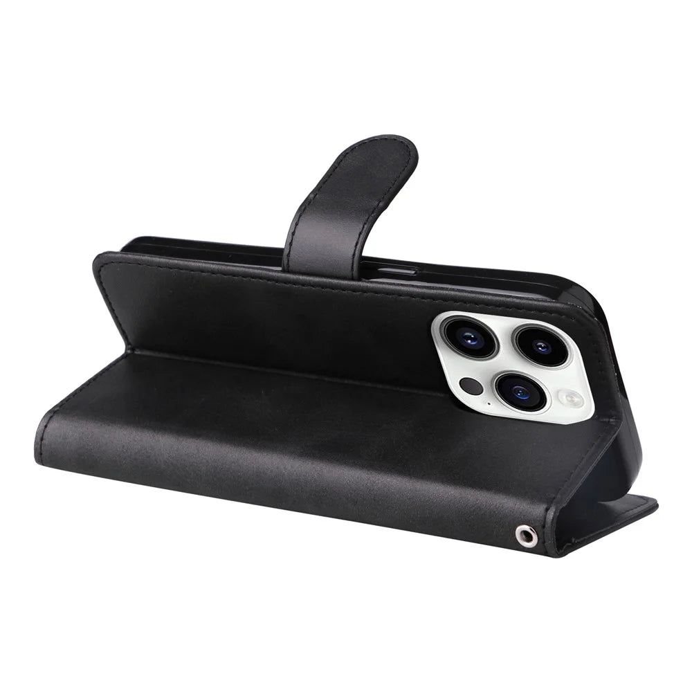 For iPhone 15 Pro Max Shockproof  Calf Texture Flip Shell PU Leather Wallet Phone Case Stand Cover - Black - 4