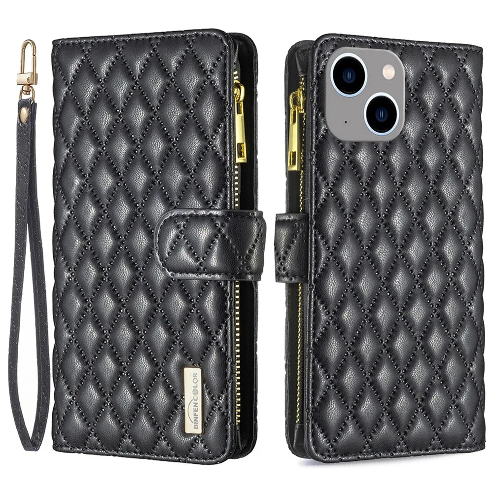 BINFEN COLOR BF Style-15 For iPhone 15 Plus Flip Case Zipper Pocket Wallet Phone Stand Shell PU Leather Cover - Black - 1