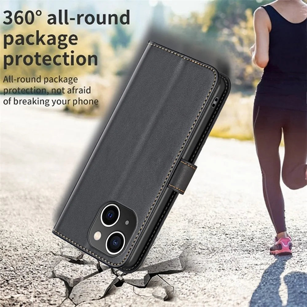 BINFEN COLOR BF17 For iPhone 15 Phone Cover Stand Design Wallet TPU+PU Leather Phone Case - Black - 5