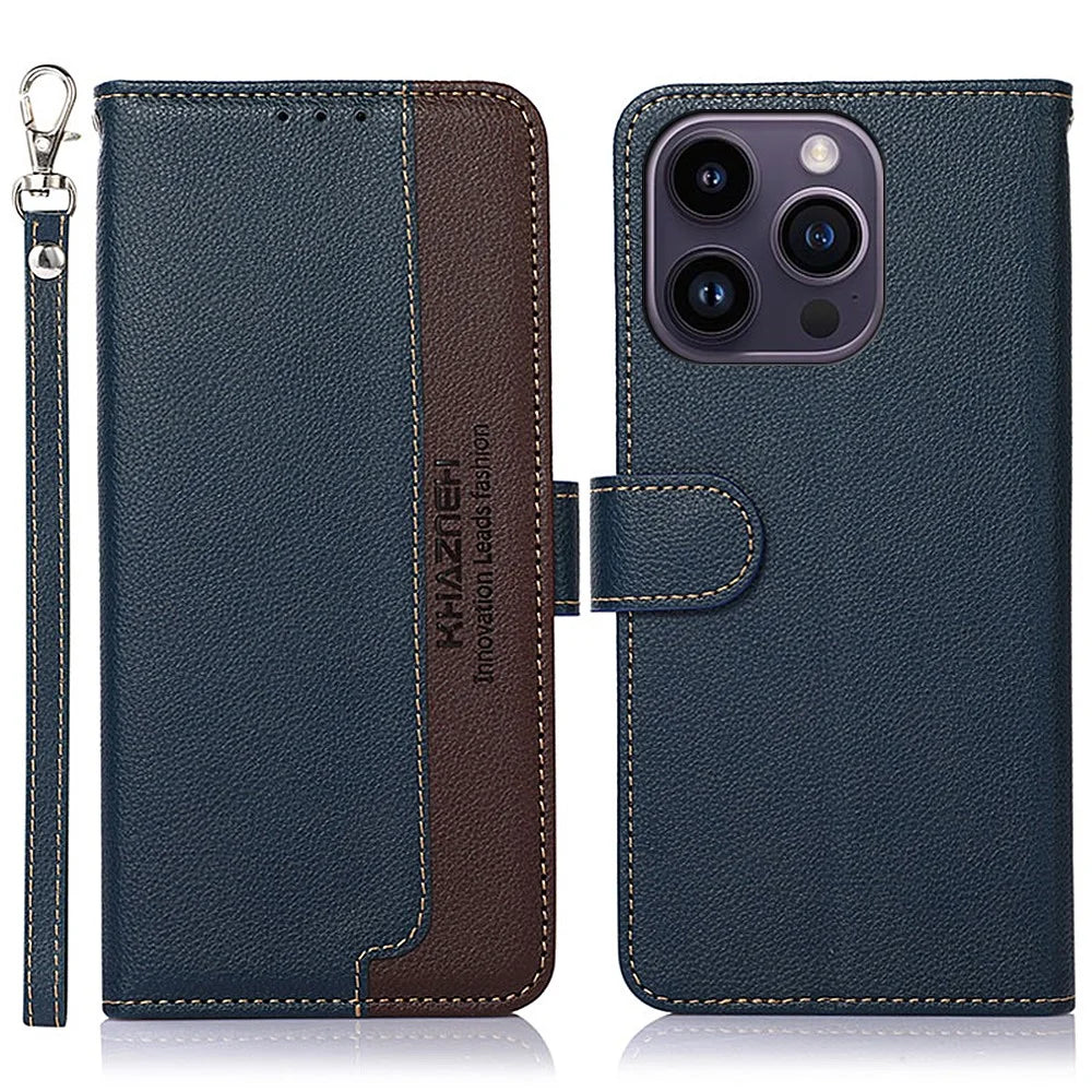 KHAZNEH Slim-Fit Leather Case for iPhone 14 Pro RFID Blocking Litchi Texture Wallet Phone Stand Cover - Blue - 1