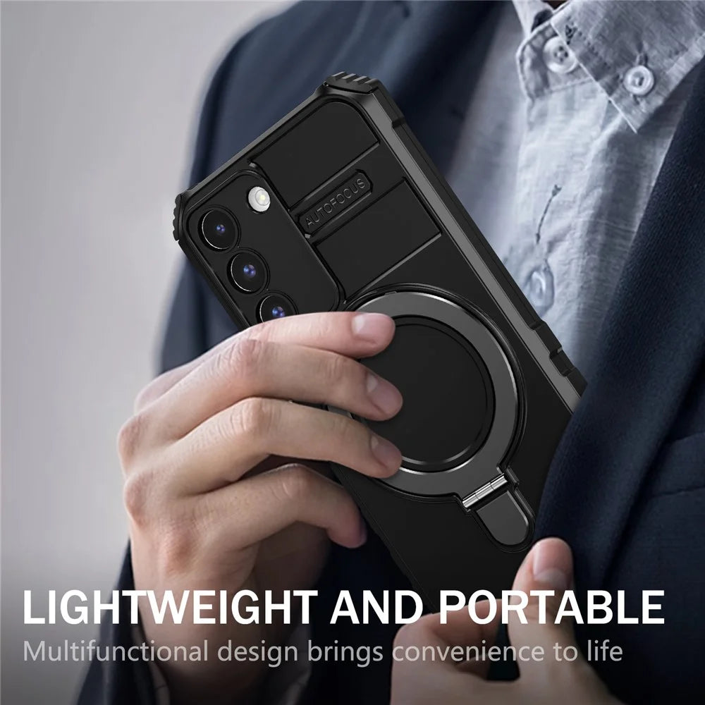For Samsung Galaxy S22 5G Magnetic Case PC+TPU Kickstand Phone Cover - Black - 6