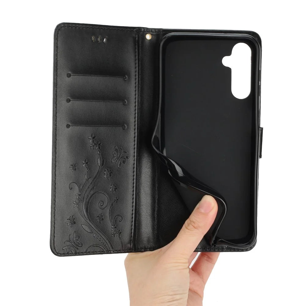 For Samsung Galaxy M14 5G Imprinted Butterflies PU Leather Phone Case Wallet Cover Stand with Strap - Black - 5