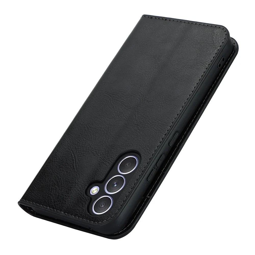 Stand Wallet for Samsung Galaxy A54 5G Crazy Horse Texture Genuine Cow Leather Cover Phone Case - Black - 5