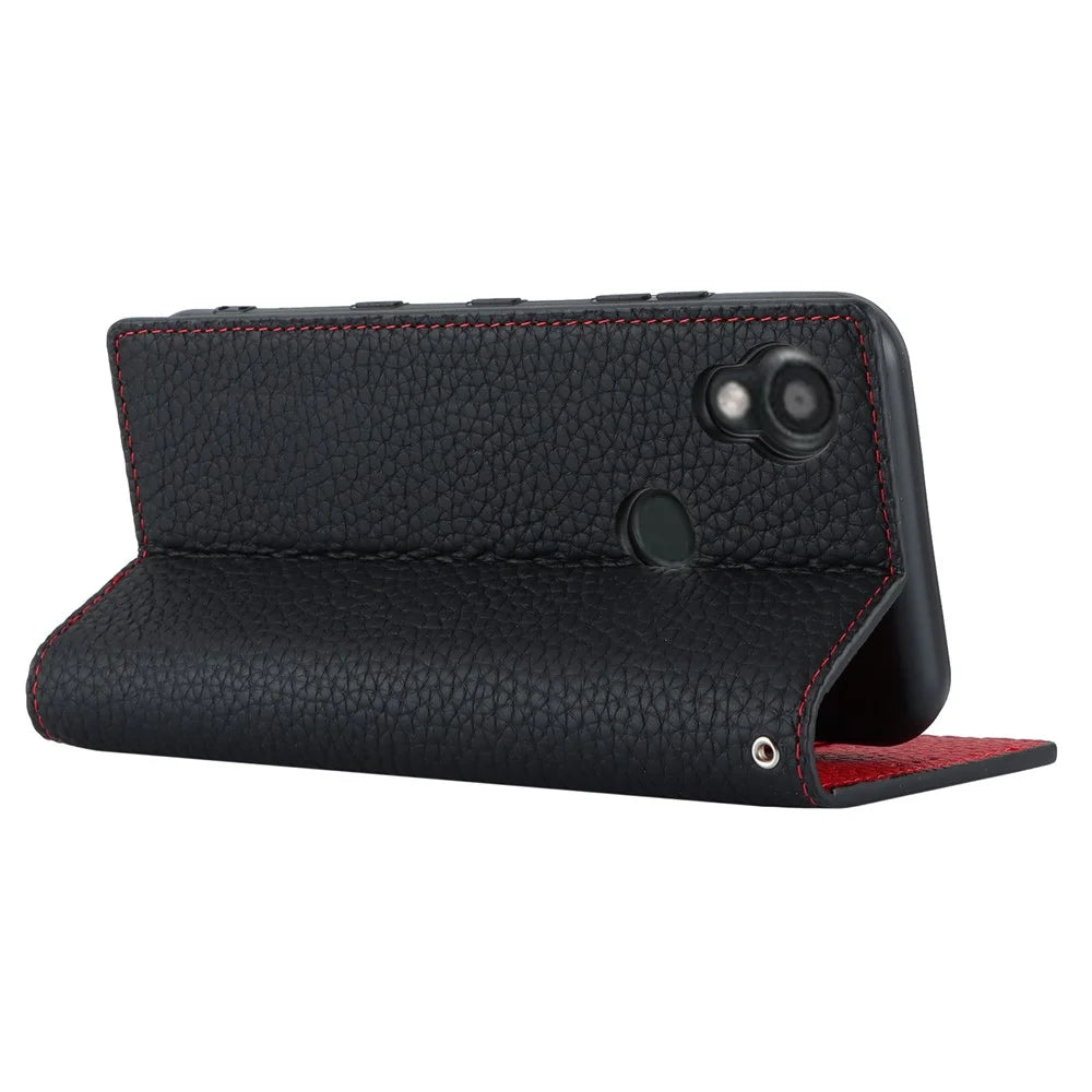 Wallet Cover for Kyocera Digno SX3 KYG02 Litchi Texture Genuine Cow Leather Phone Stand Case with Strap - Black - 3