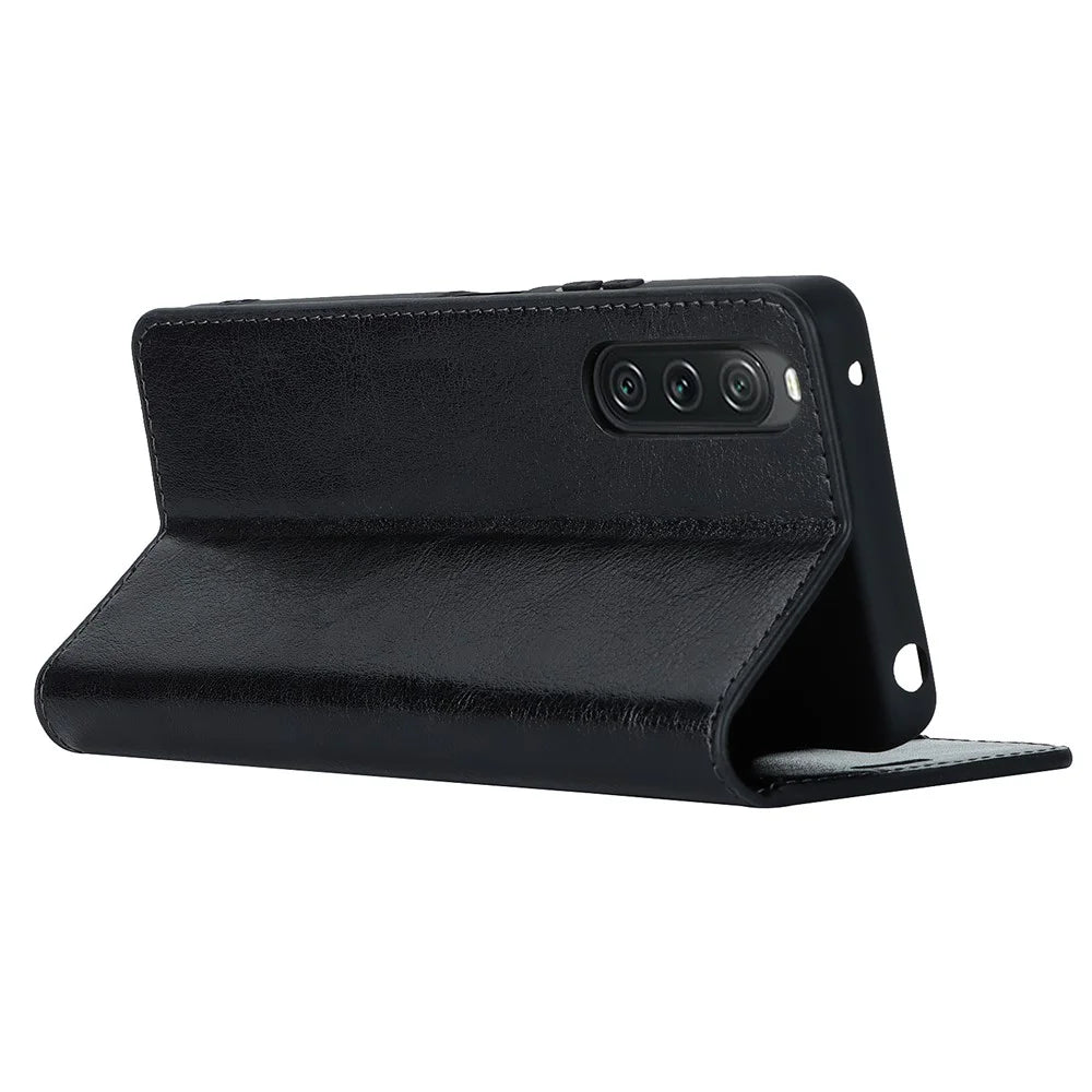 Stand Wallet for Sony Xperia 10 V Crazy Horse Texture Phone Case Genuine Cow Leather Cover - Black - 4