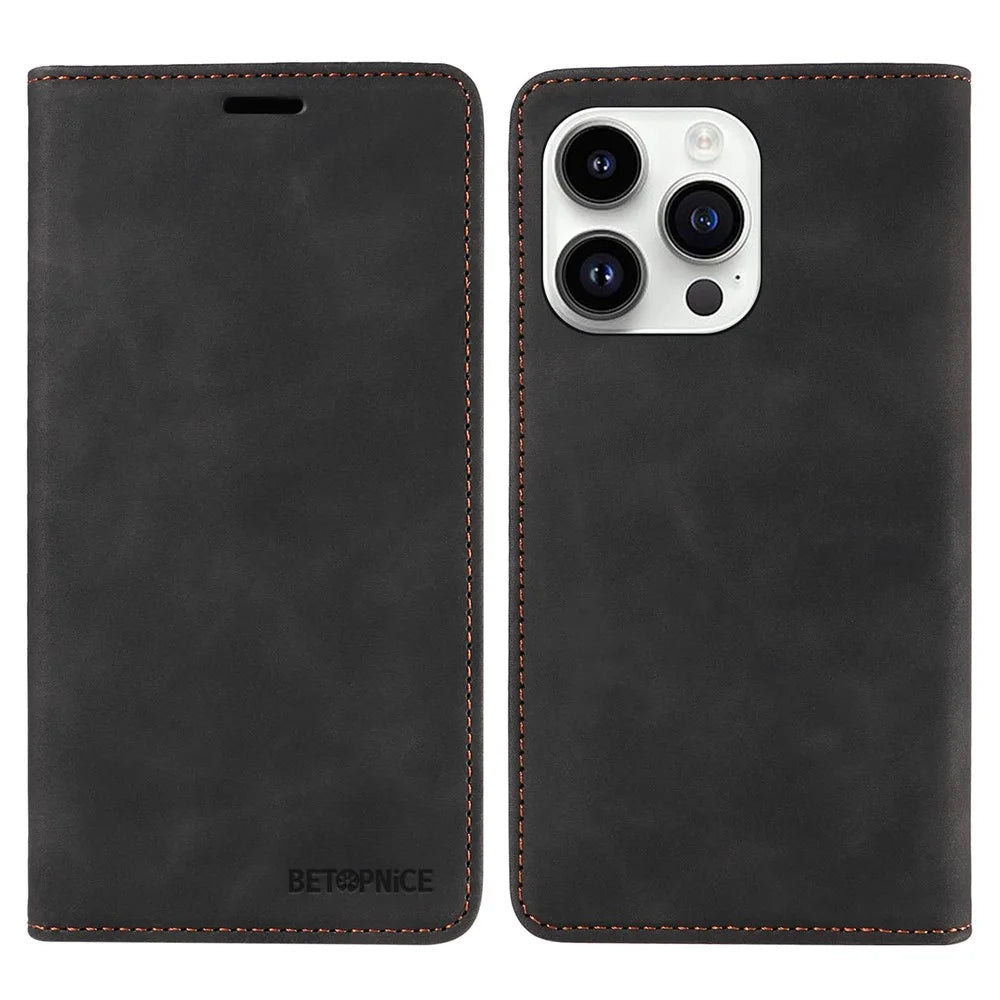 BETOPNICE 003 For iPhone 15 Pro Max Lightweight PU Leather Stand Cover RFID Blocking Case Wallet Phone Shell - Black - 1