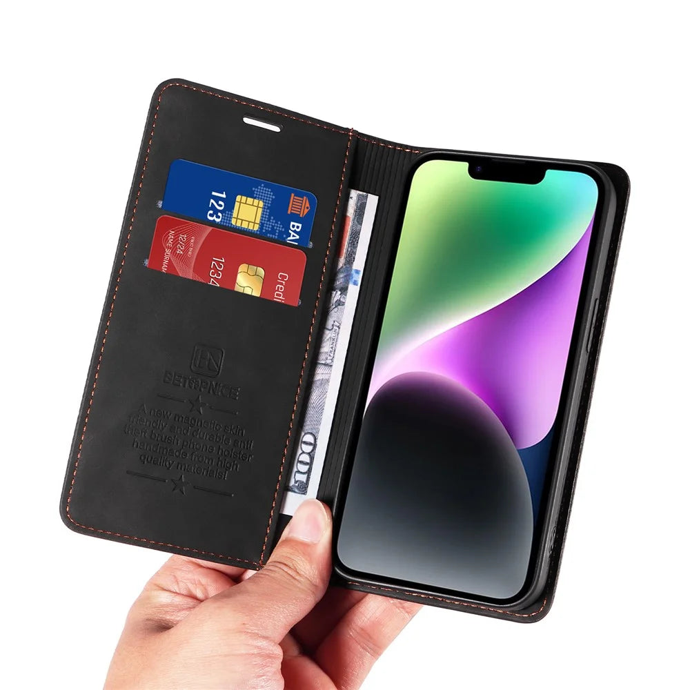 BETOPNICE 003 Phone Stand Cover For iPhone 13 / 14 , PU Leather RFID Blocking Wallet Phone Shell Case - Black - 6