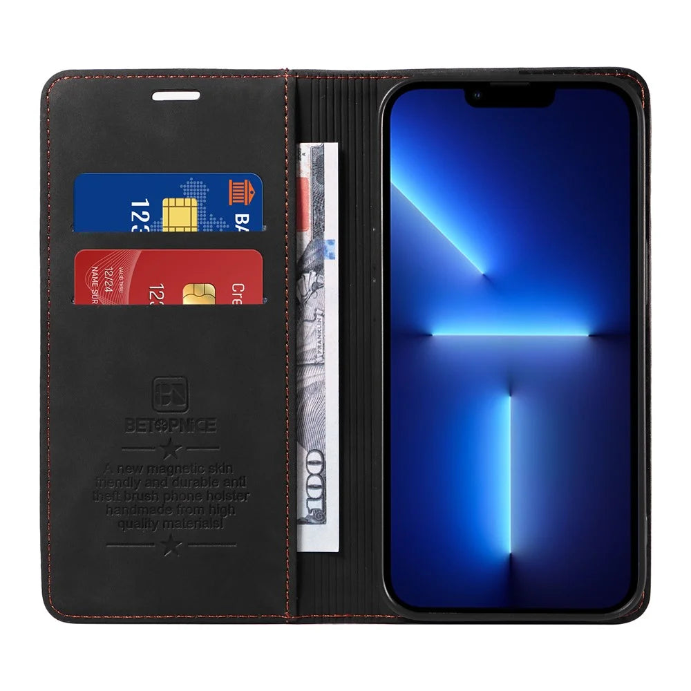 BETOPNICE 003 Magnetic Absorbed Phone Case for iPhone 13 Pro , RFID Blocking Wallet PU Leather Stand Cover - Black - 2