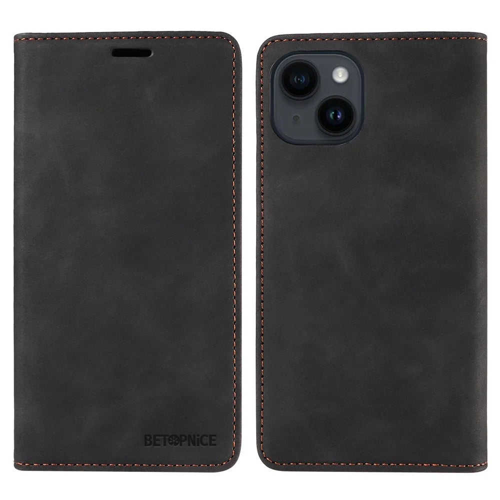 BETOPNICE 003 For iPhone 15 Phone Case RFID Blocking PU Leather Stand Cover Wallet - Black - 1