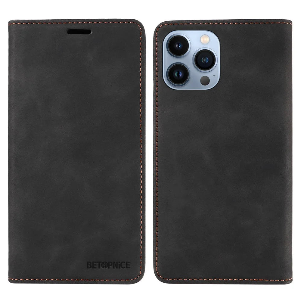 BETOPNICE 003 Wallet Phone Shell  For iPhone 13 Pro Max , PU Leather Stand Cover RFID Blocking Phone Case - Black - 1