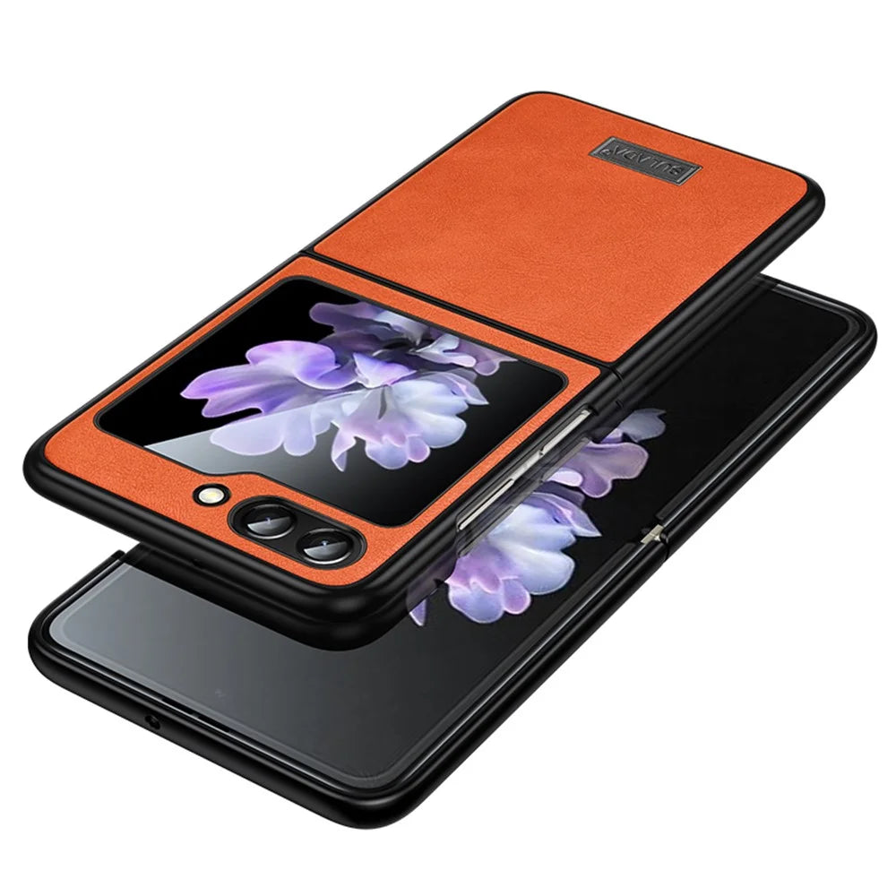 SULADA For Samsung Galaxy Z Flip5 5G Anti-scratch Phone Case PU Leather Coated TPU Cover - Orange - 1