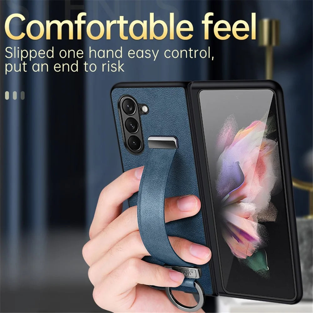 SULADA Fashion Series for Samsung Galaxy Z Fold5 5G Wristband Kickstand Phone Case Leather Coated PC Cover - Orange - 3