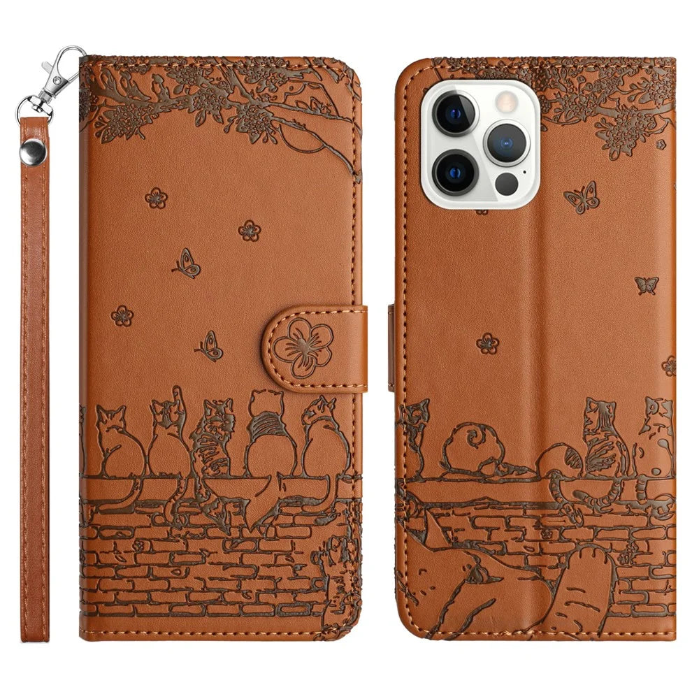 Wall Cats Imprinted PU Leather Case for iPhone 15 Pro , Stand Wallet Phone Cover with Strap - Brown - 1