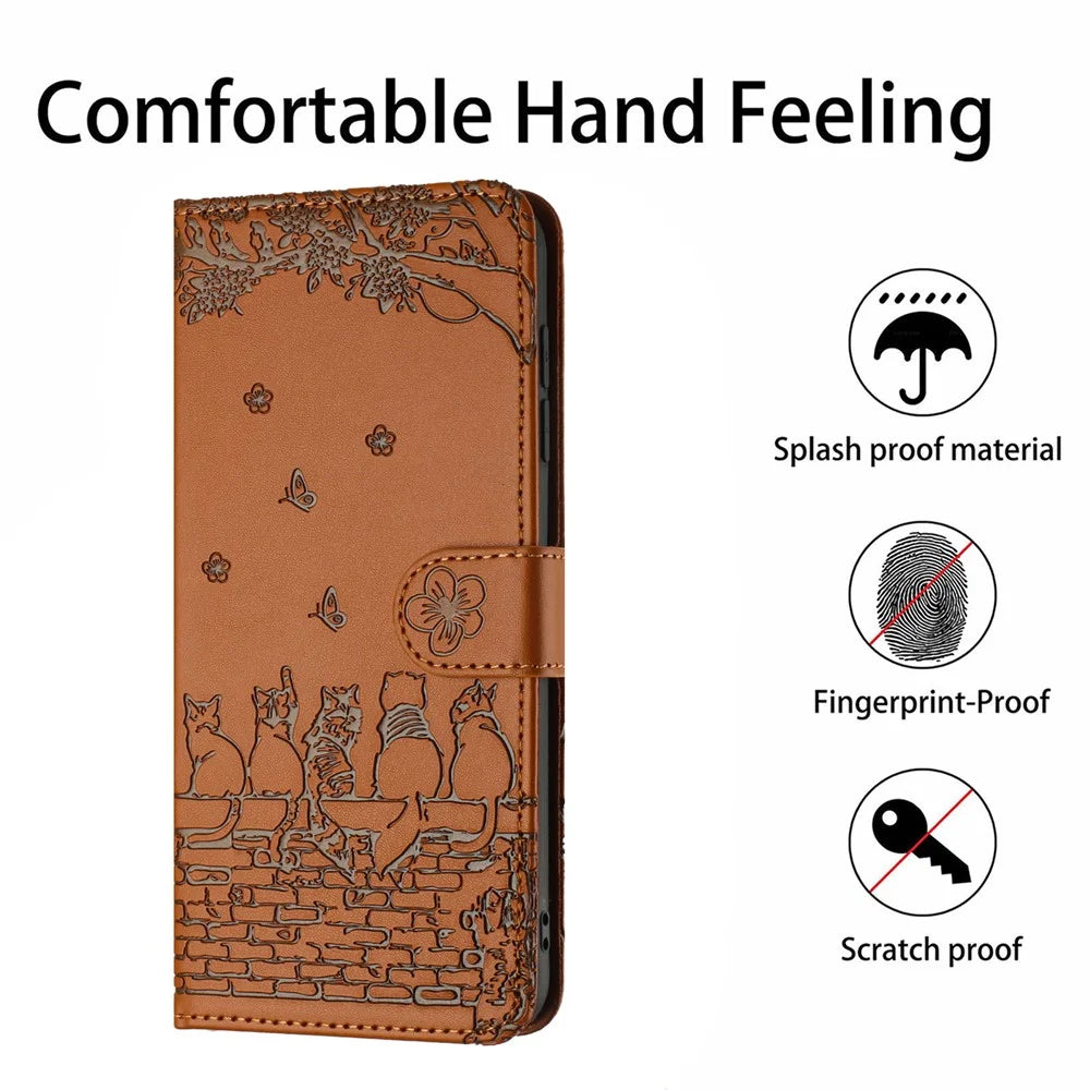 Wall Cats Imprinted PU Leather Case for iPhone 15 Pro , Stand Wallet Phone Cover with Strap - Brown - 4
