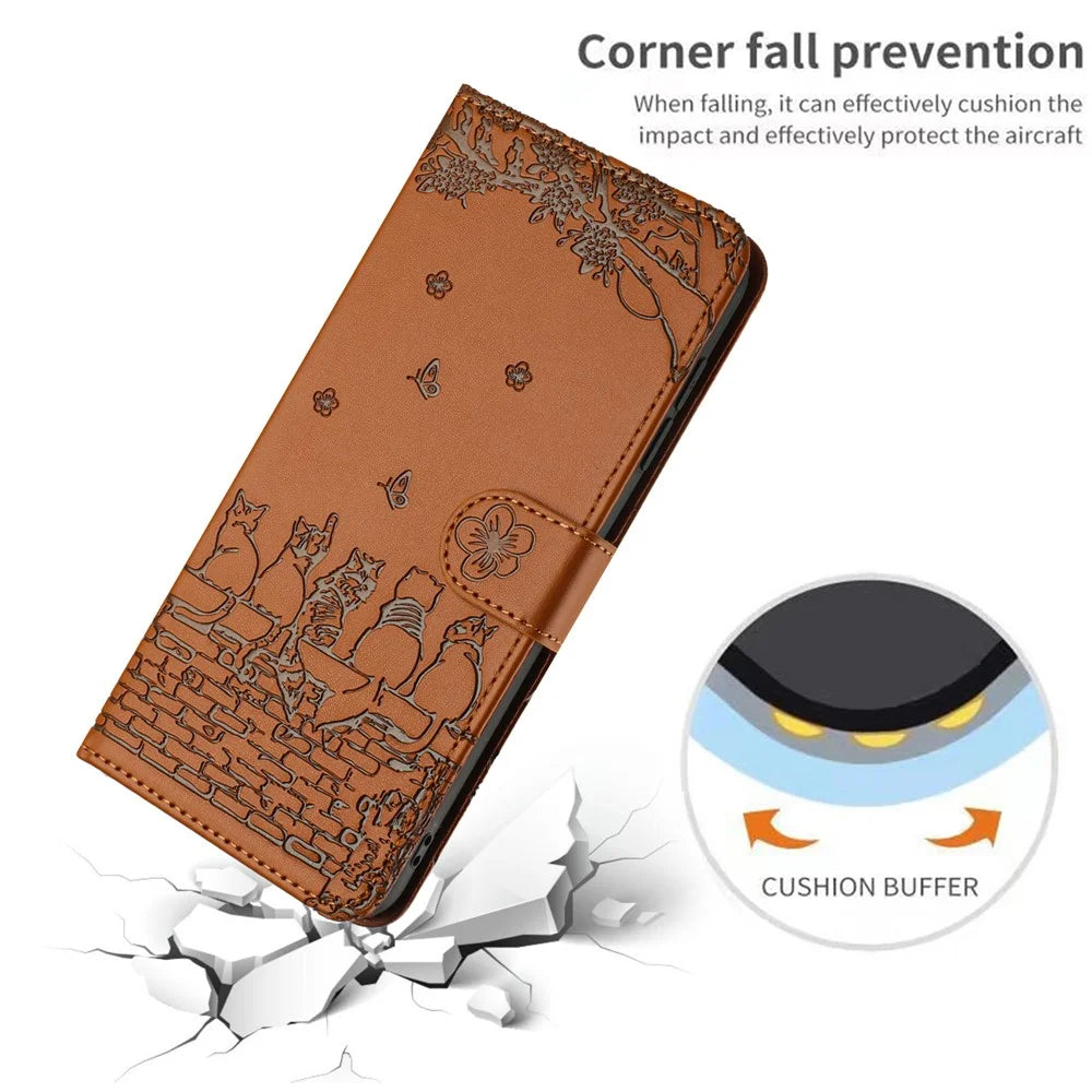 Wall Cats Imprinted PU Leather Case for iPhone 15 Pro , Stand Wallet Phone Cover with Strap - Brown - 5