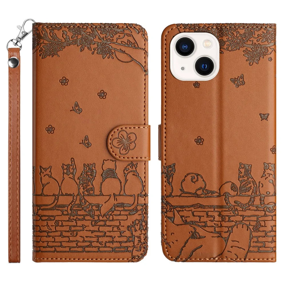 Wall Cats Imprinted Phone Cover for iPhone 15 , Stand Wallet Anti-drop Leather Case with Strap - Brown - 1