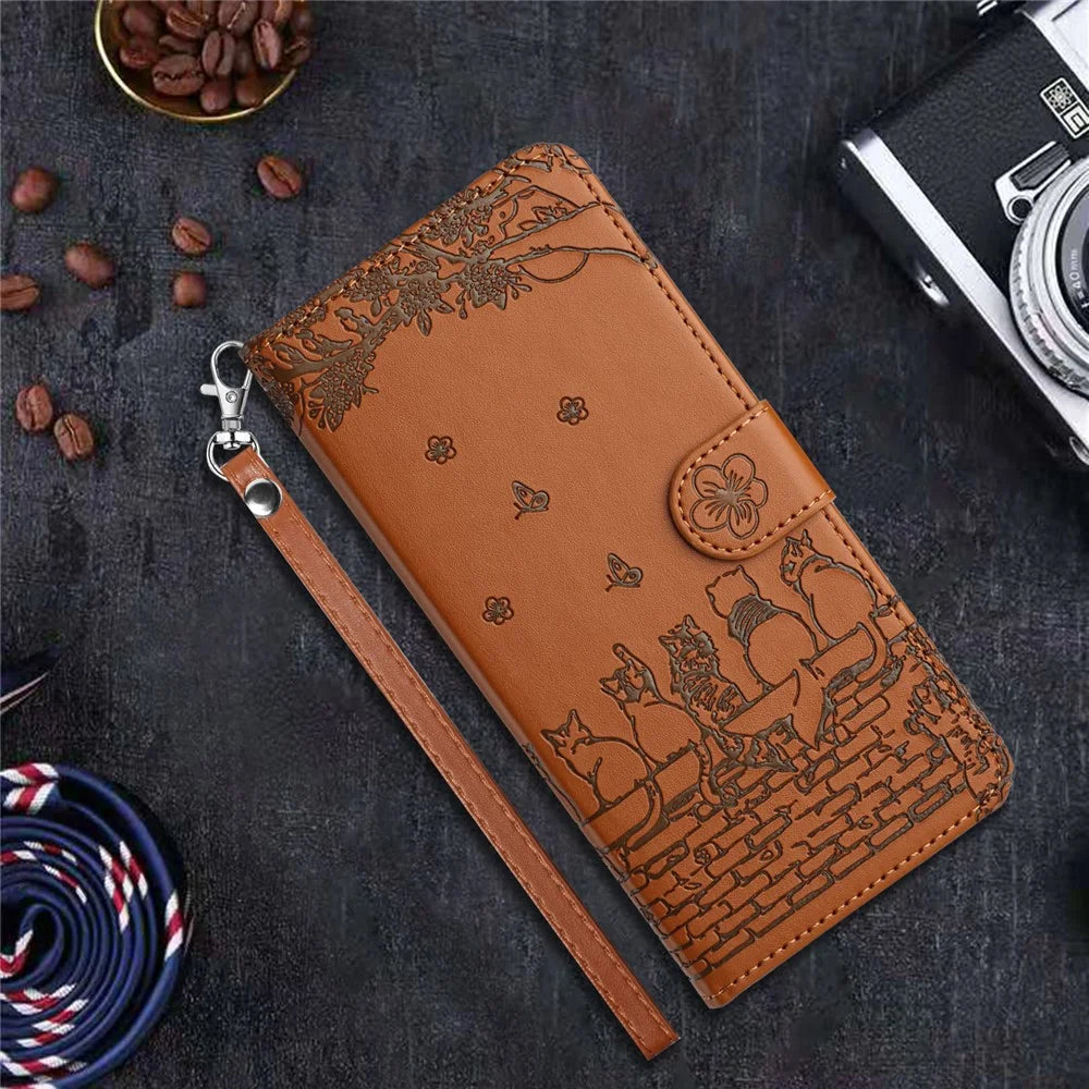 Wall Cats Imprinted Phone Cover for iPhone 15 , Stand Wallet Anti-drop Leather Case with Strap - Brown - 7