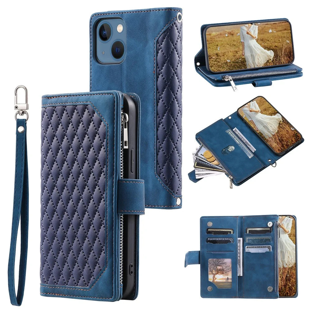 For iPhone 15 Anti-Dust PU Leather Phone Case Rhombus Texture Zipper Wallet Cover with Strap - Blue - 1