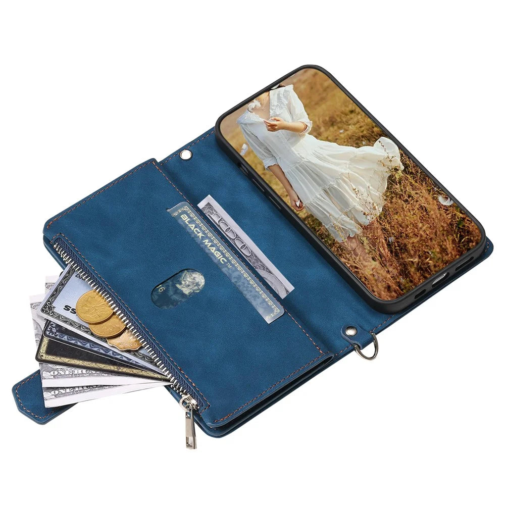 For iPhone 15 Anti-Dust PU Leather Phone Case Rhombus Texture Zipper Wallet Cover with Strap - Blue - 2