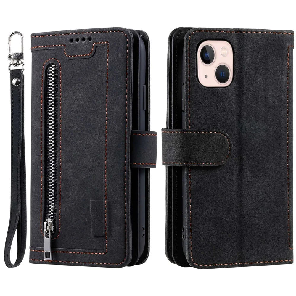 For iPhone 15 Plus PU Leather Cover Zipper Pocket 9 Card Slots Protective Phone Case with Strap - Black - 1