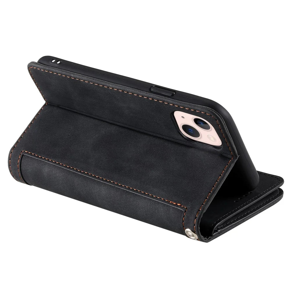 For iPhone 15 Plus PU Leather Cover Zipper Pocket 9 Card Slots Protective Phone Case with Strap - Black - 4