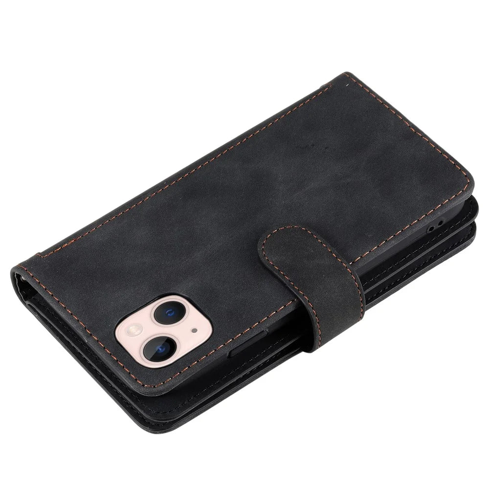 For iPhone 15 Plus PU Leather Cover Zipper Pocket 9 Card Slots Protective Phone Case with Strap - Black - 5