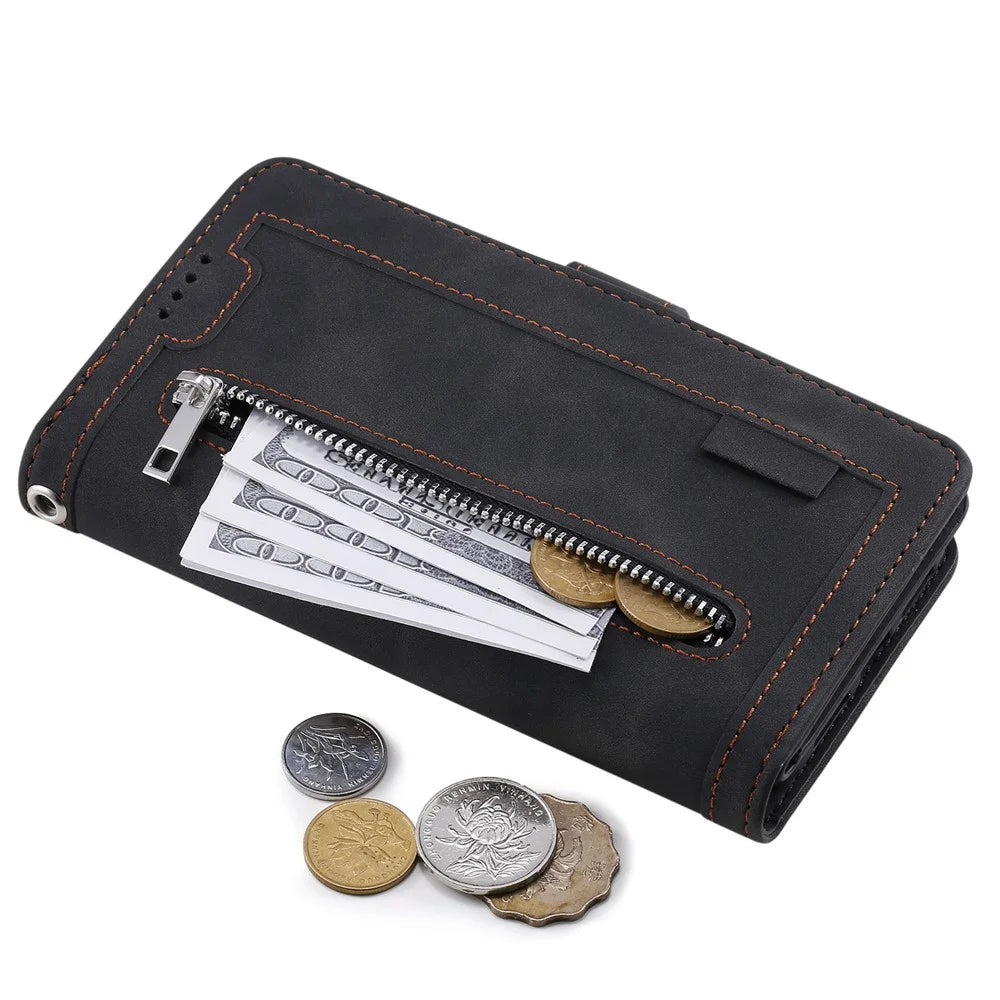 For iPhone 15 Plus PU Leather Cover Zipper Pocket 9 Card Slots Protective Phone Case with Strap - Black - 6