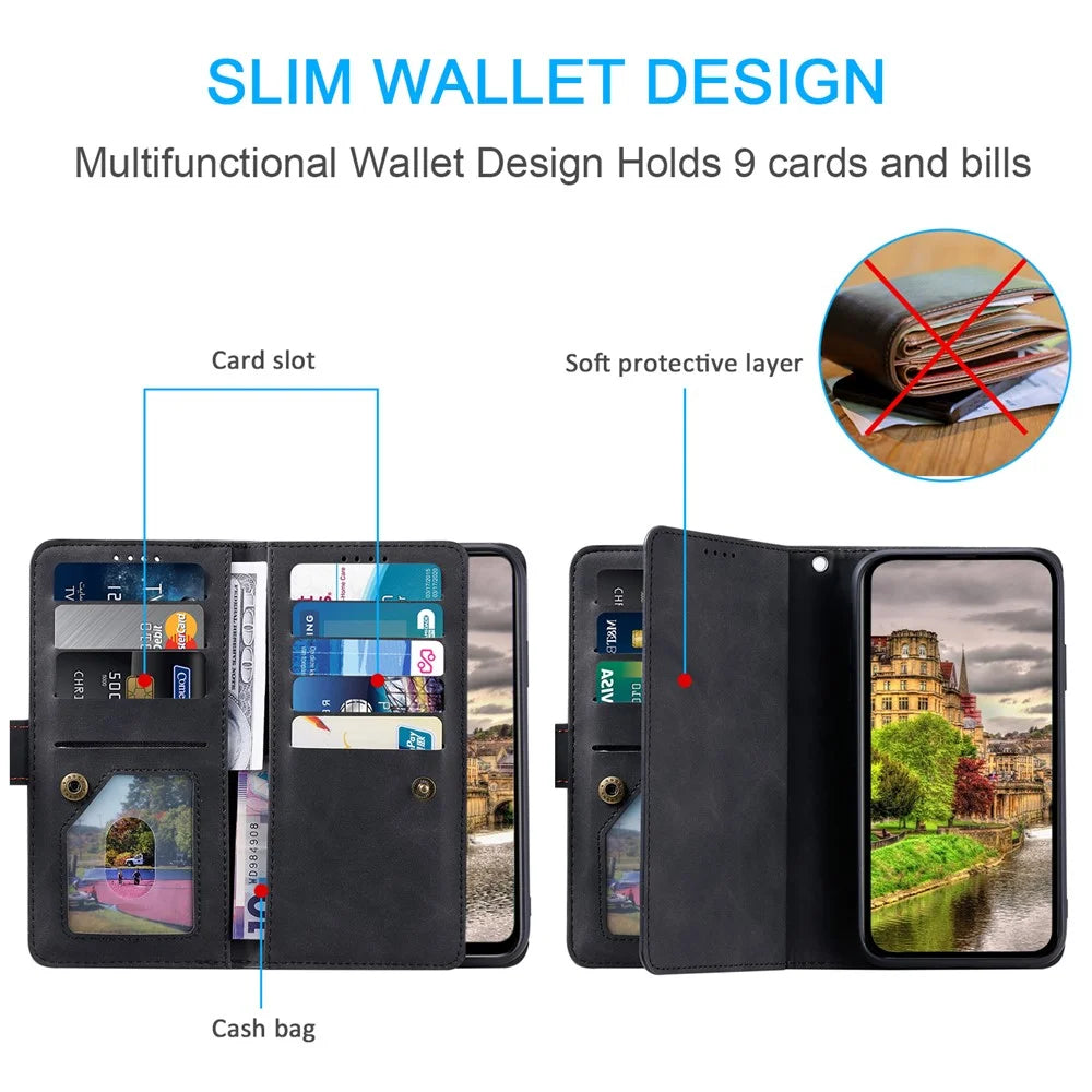 For iPhone 15 Plus PU Leather Cover Zipper Pocket 9 Card Slots Protective Phone Case with Strap - Black - 7