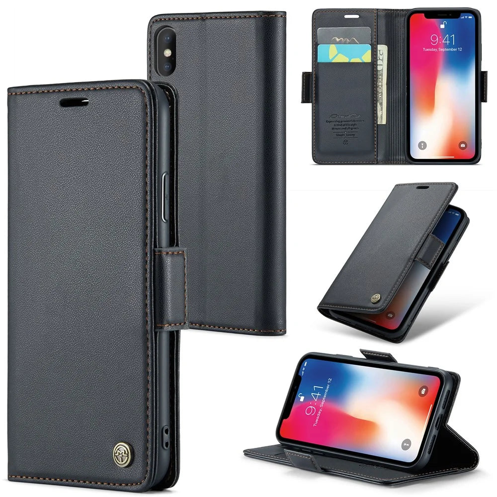 CASEME 023 Series RFID Blocking Leather Case for iPhone XS , Litchi Texture Stand Wallet Phone Cover - Black - 1