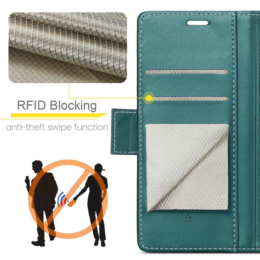 For Samsung Galaxy A32 5G / M32 5G Leather Case CASEME 023 RFID Blocking 3 Card Slot Mobile Cover - Green - 7