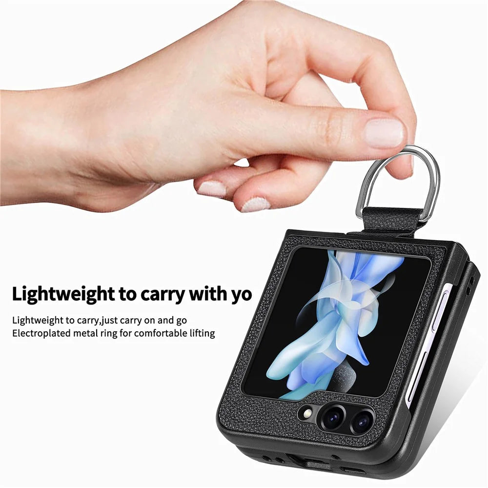 For Samsung Galaxy Z Flip5 5G Kickstand Phone Case Litchi Texture Leather+Hard PC Protective Cover - Black - 5