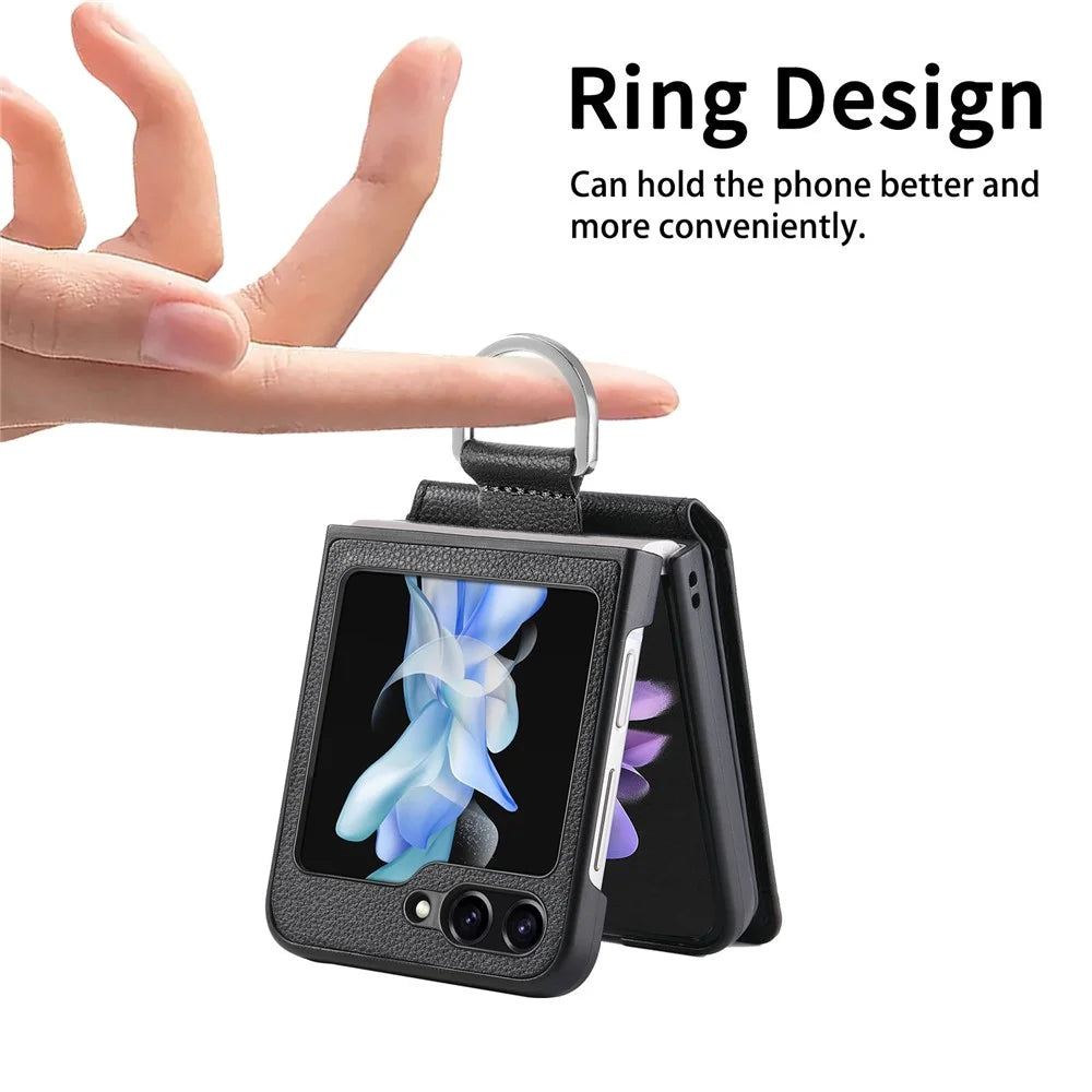For Samsung Galaxy Z Flip5 5G Litchi Texture PU Leather+PC Phone Case Card Slot Kickstand Cover with Finger Ring - Black - 3