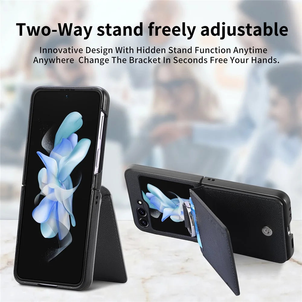 For Samsung Galaxy Z Flip5 5G Litchi Texture PU Leather+PC Phone Case Card Slot Kickstand Cover with Finger Ring - Black - 6